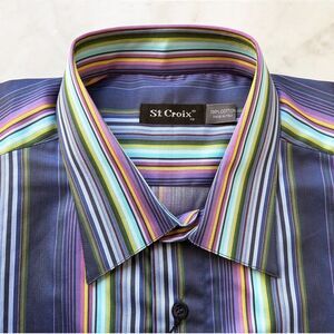 St Croix Striped Dress Shirt Size XL Indigo Blue Purple Green Long Sleeve Cotton
